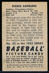 1952 Bowman Baseball- #53 Richie Ashburn, Phillies