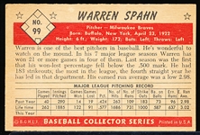 1953 Bowman Color Baseball- #99 Warren Spahn, Braves