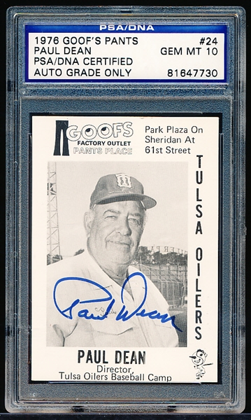 Autographed 1976 Goof’s Paints- Tulsa Oilers Minor League Bb- #24 Paul Dean – PSA/DNA Gem Mint 10 (Auto Only)