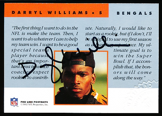 1992 Pro Line Fb- Certified Auto. Card- Darryl Williams, Bengals