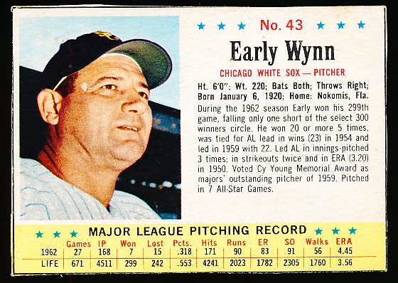1963 Post Cereal Bb- #43 Early Wynn, White Sox