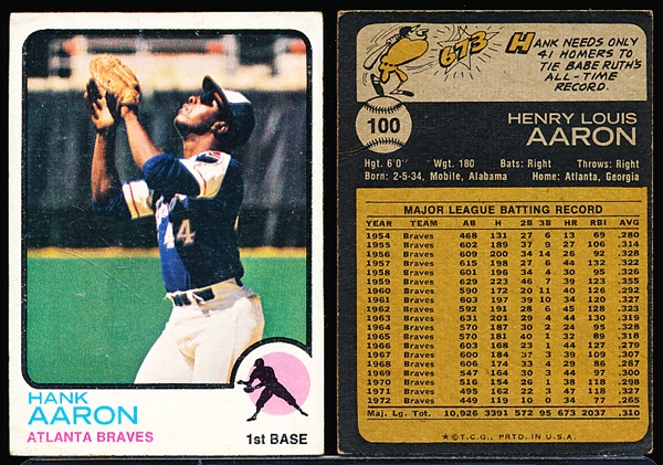 1973 Topps Bb- #100 Hank Aaron, Braves- 4 Cards
