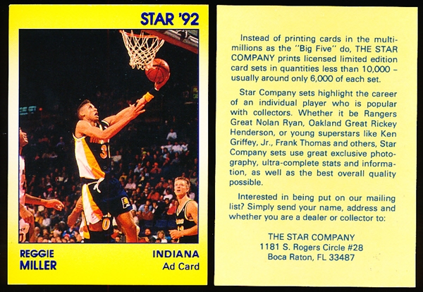 1990 Star Co. Reggie Miller Pacers Ad Card- 100 Cards