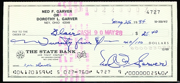 Ned Garver- Signed Check-  May 25, 1984