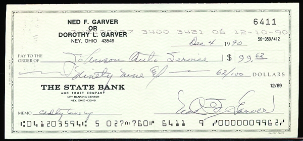 Ned Garver- Signed Check- Dec 4, 1990