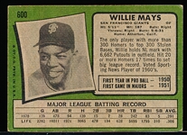 1971 Topps Bb- #600 Willie Mays, Giants