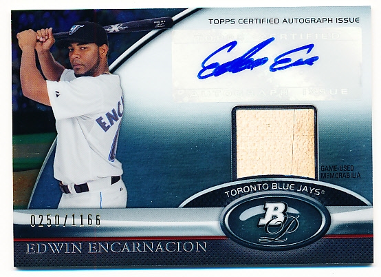 2011 Bowman Platinum Bb- “Bowman Autograph Relic” Insert- #BAR-EE Edwin Encarnacion, Blue Jays- #250/1166