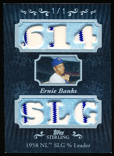 2008 Topps Sterling Bb- “Career Stats Relics Six Sterling Silver”- 1/1- #6CS-67 Ernie Banks, Cubs