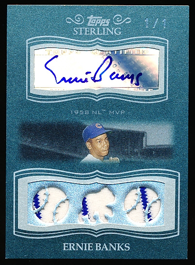 2008 Topps Sterling Bb- “Moments Relics Autographs Triple Sterling Silver”- #3SMA-172 Ernie Banks, Cubs- 1/1
