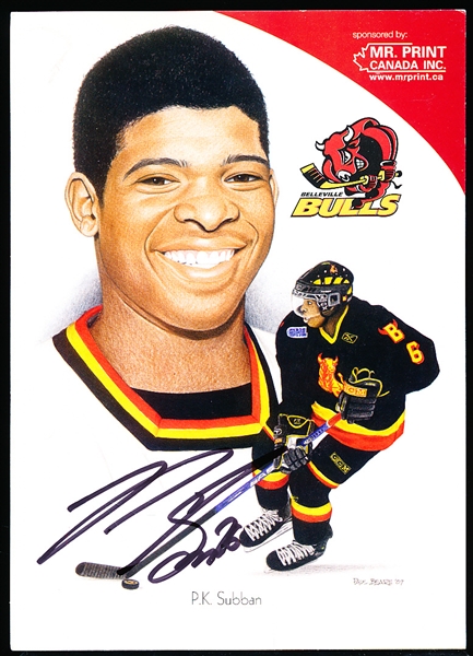 Auto’d & Inscribed 2007 Belleville Bulls P.K. Subban Color 5” x 7” Drawn Handout Photo