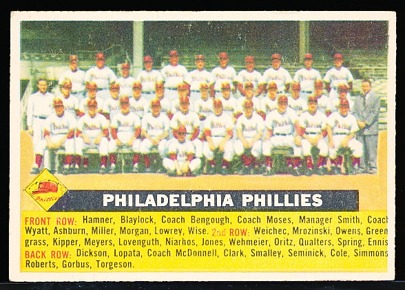 1956 Topps Baseball- #72 Phillies Team- Name Centered- White Back