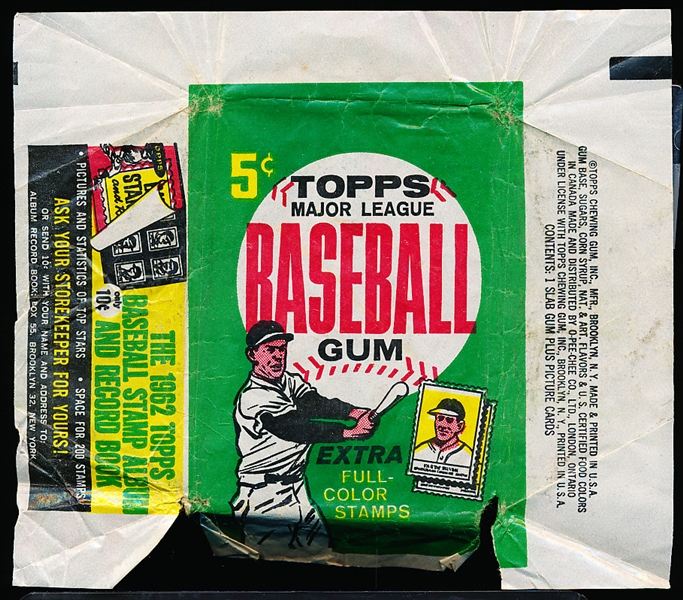 1962 Topps Baseball- 5 Cent Wrapper- “Extra Full Cover Stamps” on front