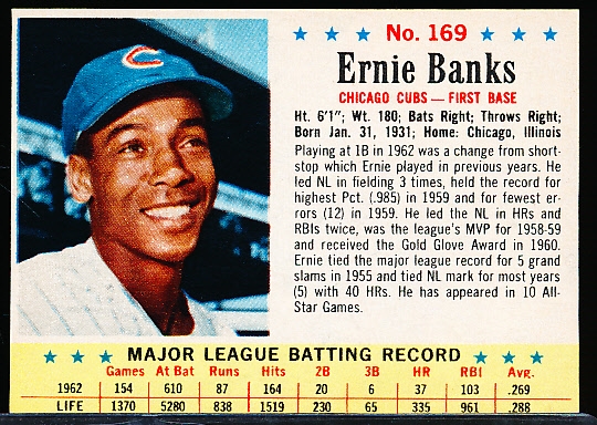 1963 Post Cereal Bb- #169 Ernie Banks, Cubs