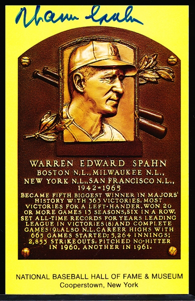 Autographed BB HOF Gold Plaque Postcard- Warren Spahn