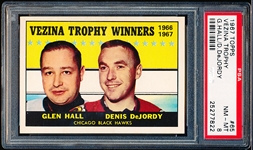 1967-68 Topps Hockey- #65 Vezina Trophy (G. Hall/ Dejordy)- PSA NM-Mt 8