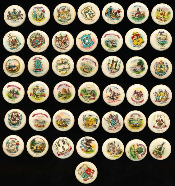1898 Sweet Caporal “State Pins” Near Set- 43 Diff. All But One With Paper Backings!