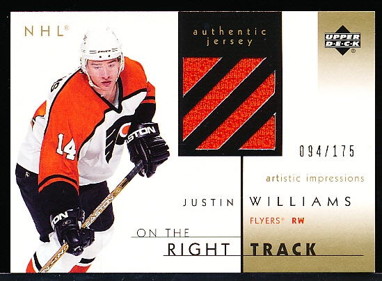2002-03 UD Artistic Impressions Hockey “On the Right Track Gold Jersey” #RT-JW Justin Williams, Flyers- #94/175