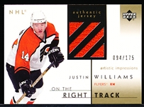 2002-03 UD Artistic Impressions Hockey “On the Right Track Gold Jersey” #RT-JW Justin Williams, Flyers- #94/175