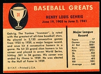 1961 Fleer Baseball Greats- #31 Lou Gehrig, Yankees