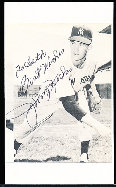 Autographed N.Y. Yankees MLB B/W 3” x 3-7/8” thin paper photo pasted to an index card- Johnny Kucks, Yankees