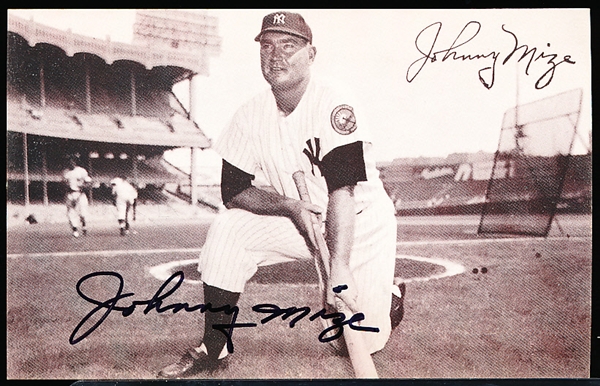 Autographed N.Y. Yankees MLB Reprint B/W 3-3/8” x 5-3/8” TCMA? Card/Photo- Johnny Mize, Yankees