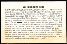 Autographed N.Y. Yankees MLB Reprint B/W 3-3/8” x 5-3/8” TCMA? Card/Photo- Johnny Mize, Yankees