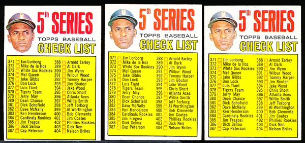 1967 Topps Baseball- #361 Roberto Clemente Checklist- 3 Cards