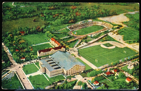 7/24/46 Cancelled Harry Kaplan News Agency “27786, 39- Aerial View of Athletic Department of Purdue University, LaFayette, Ind.” Linen Postcard