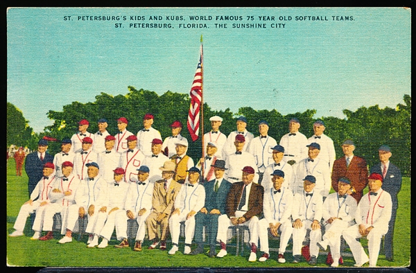 7/24/54 Cancelled Hartman Litho Sales Co. “E-8360, St. Petersburg’s Kids & Kubs, World Famous 75 Year Old Softball Teams” Linen Postcard