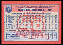 Autographed 1991 Topps Bsbl. #147 Carlos Baerga, Indians