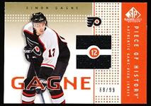 2002-03 SP Game Used Hockey- “Piece of History Gold”- #PH-SG Simon Gagne, Flyers- #68/99