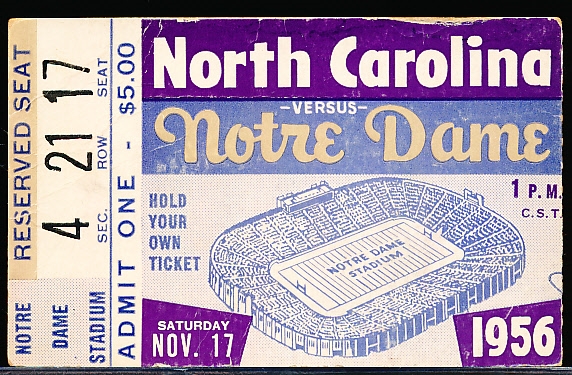 Nov 17, 1956 College Football Ticket Stub- North Carolina @ Notre Dame