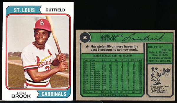 1974 Topps Bb- #60 Lou Brock, Cardinals- 13 Cards