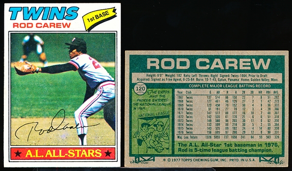 1977 Topps Bb- #120 Rod Carew, Twins- 25 Cards