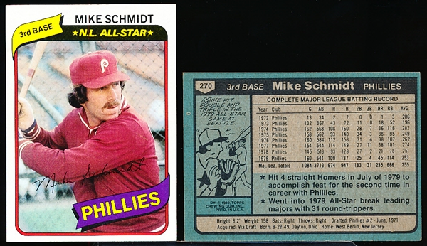 1980 Topps Baseball- #270 Mike Schmidt, Phillies- 30 Cards