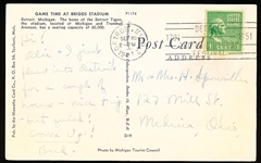 9/16/51 Postmarked Hiawatha Card Co. “D19, P1174- Game Time at Briggs Stadium” Chrome Postcard