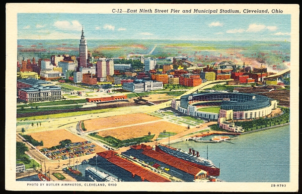 9/8/58 Postmarked Geo. R. Klein News Co. “C-12, 2B-H793- East Ninth Street Pier and Municipal Stadium, Cleveland” Linen Postcard
