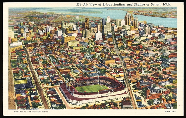 United News Co. “254, OB-H1295 Air View of Briggs Stadium and Skyline of Detroit, Mich.” Linen Postcard