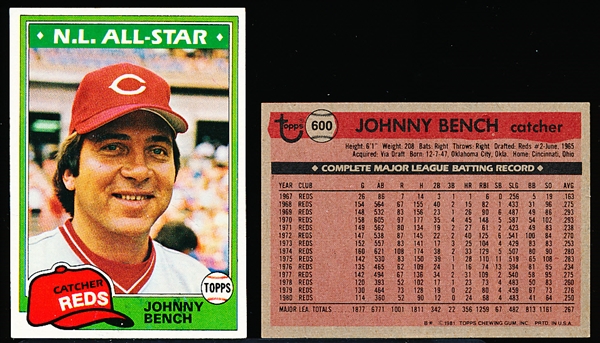 1981  Topps Bb- #600 Johnny Bench, Reds- 30 Cards