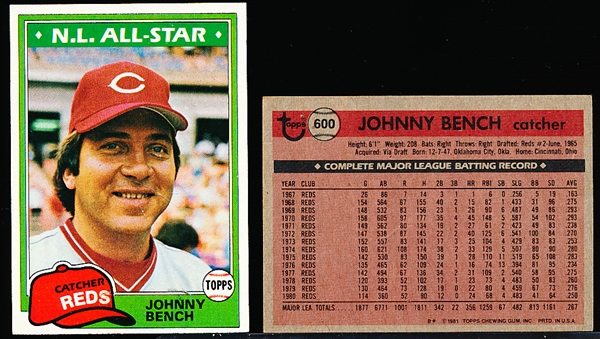 1981 Topps Bb- #600 Johnny Bench, Reds- 50 Cards