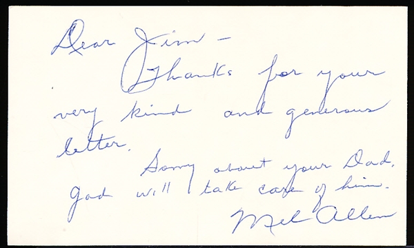 Autographed Mel Allen Baseball Index Card