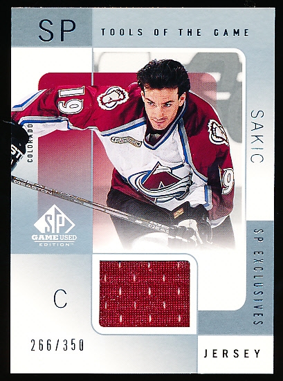 2000-01 SP Game Used Hockey- “Tools of the Game- SP Exclusives”- #JS Joe Sakic, Avs- #266/350