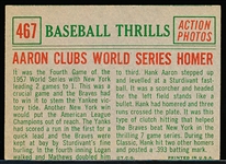 1959 Topps Baseball- #467 Hank Aaron Baseball Thrill