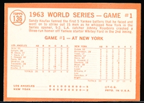 1964 Topps Bb- #136 Koufax Strikes Out 15 (World Series)