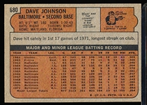 1972 Topps Bb- #680 Dave Johnson, Orioles- Hi#