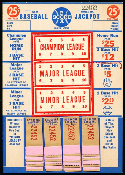1950’s “Box Score Baseball” Jackpot “Push” Prize 25 Cent Chance Board
