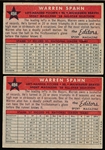 1958 Topps Baseball- #494 Warren Spahn All Star- 2 Cards