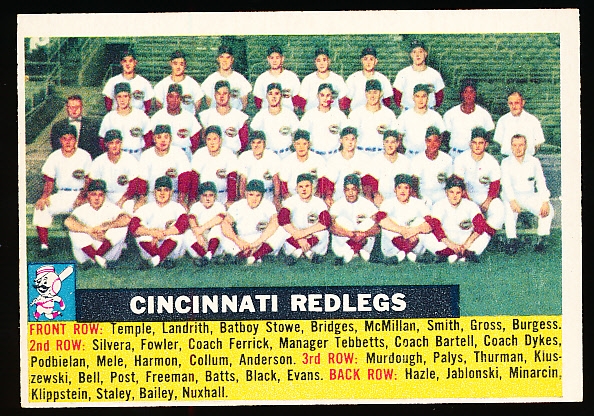 1956 Topps Baseball- #90 Cincinnati Reds- Name Centered- White Back