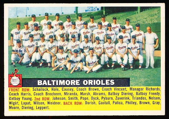 1956 Topps Baseball- #100 Baltimore Orioles Team- Name Centered- Gray Back