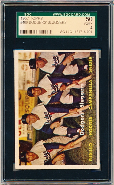 1957 Topps Baseball- #400 Dodgers Sluggers- Furillo/ Hodges/ Campanella/ Snider- SGC 50 (Vg-Ex 4)